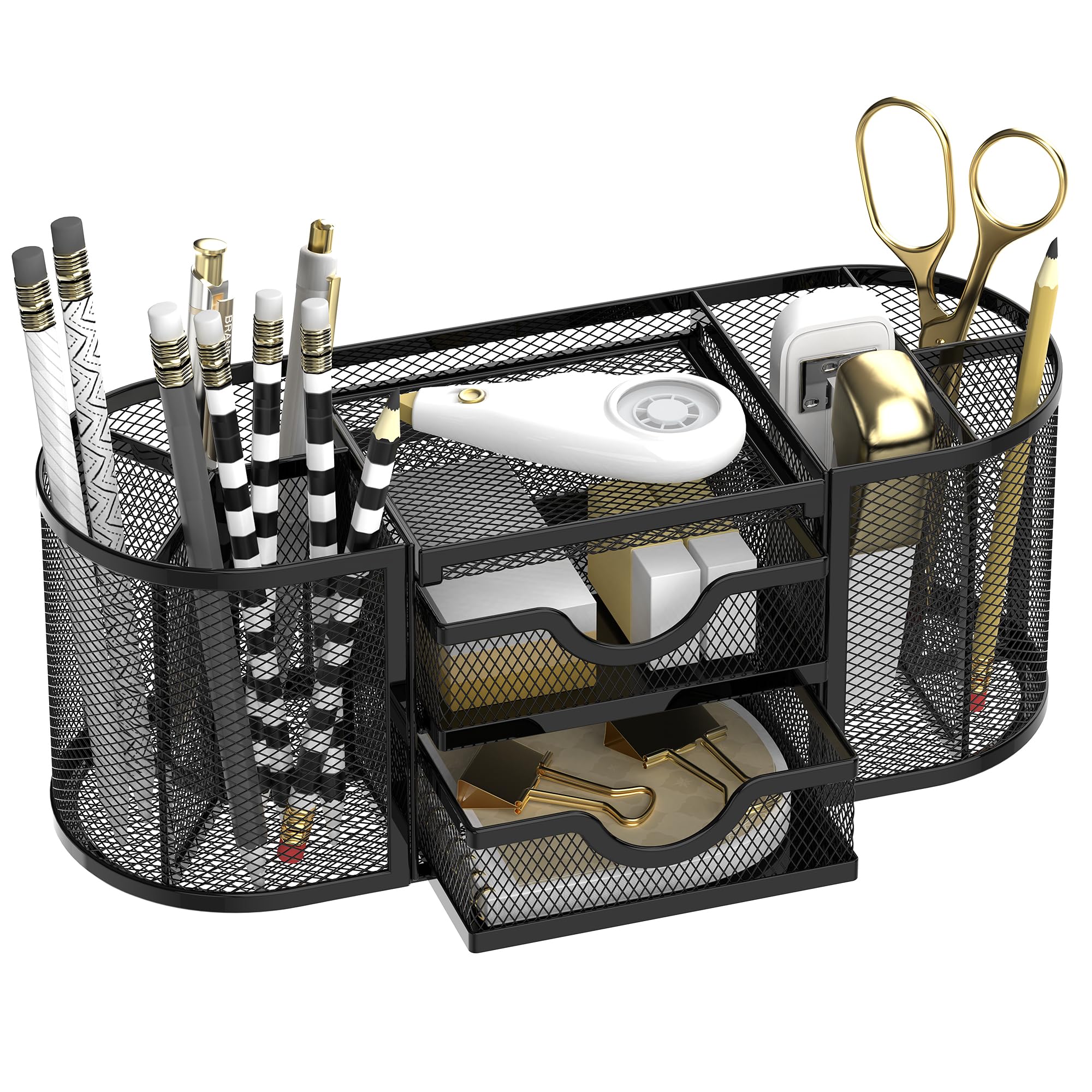 Gilded Mesh Desk Organizer with Dual Drawers