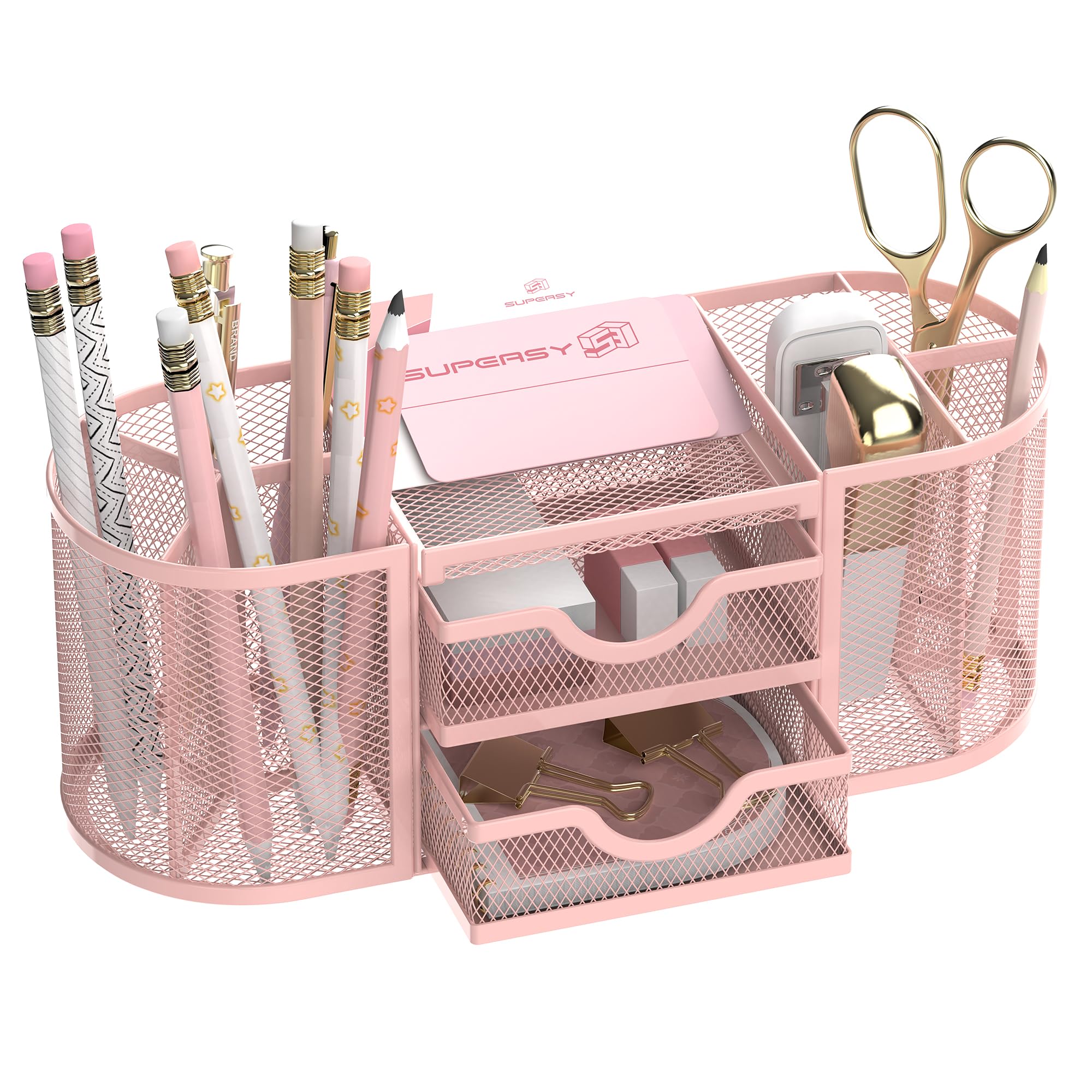 Gilded Mesh Desk Organizer with Dual Drawers