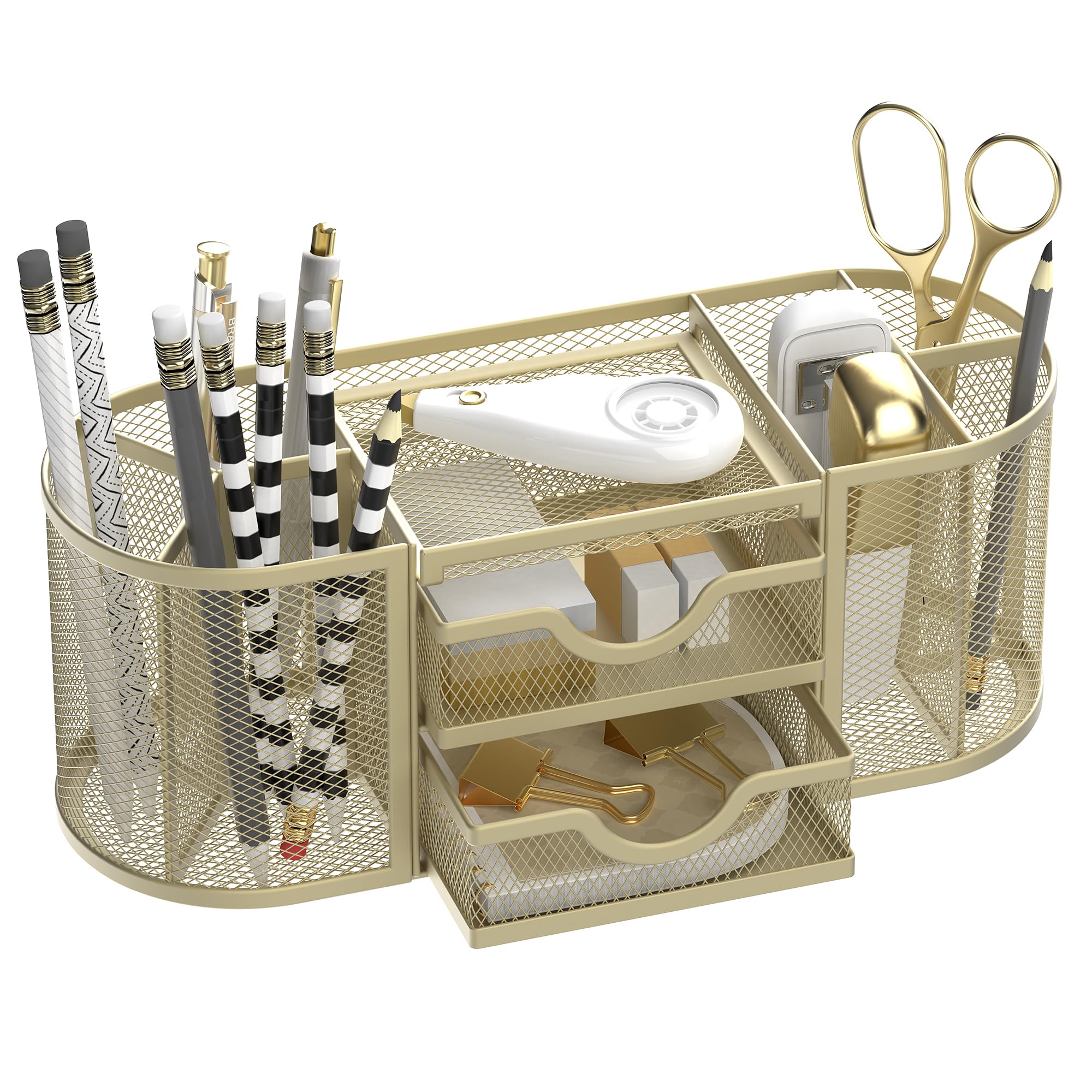 Gilded Mesh Desk Organizer with Dual Drawers